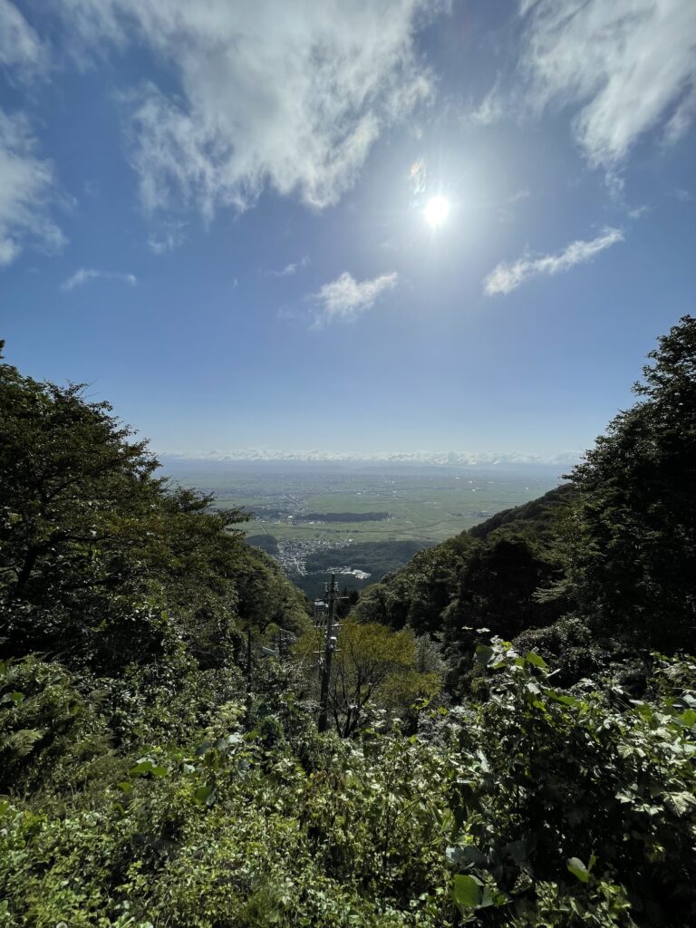 弥彦山山頂から眺めた越後平野と日本海